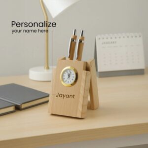 Personalized Wooden Clock Pen Stand with 2 Pens