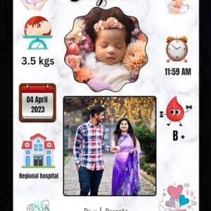 Personalized Baby Birth Photo Frame, Marble Design with Birth Details and Parents Photo,
